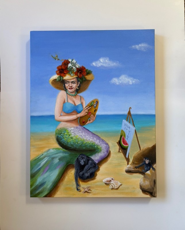 ORIGINAL PAINTING of FRIDA KAHLO “DAY AT THE BEACH” MERMAID BY NINA DUCKETT AZ
