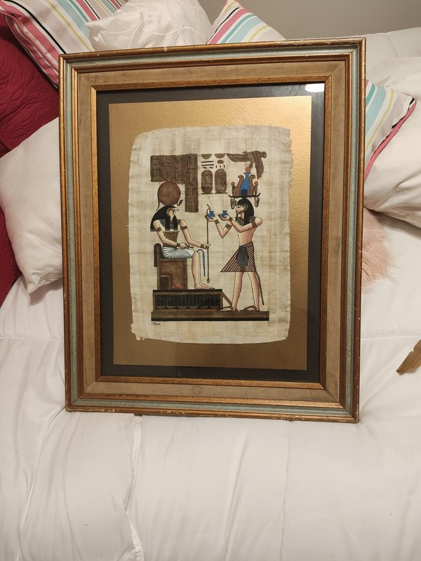 Papyrus Scroll Art Signed Framed Egyptian Gods Osiris Anubis Thoth VTG 21″X14″