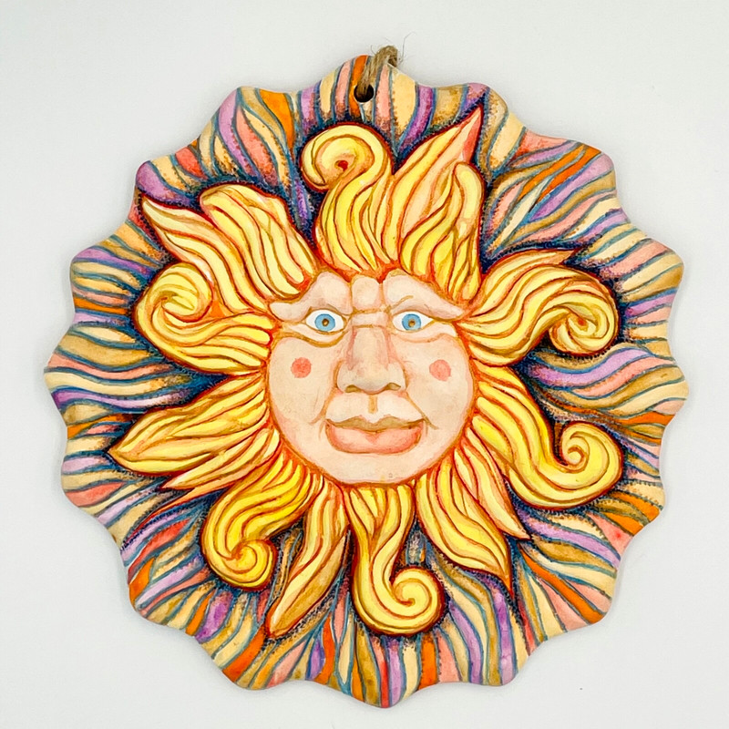 Handpainted Sun 7" Terracotta Sun Wall Plaque Signed One of a Kind Americana Art gallery