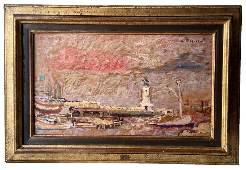 SIGNED FRENCH IMPRESSIONIST MYSTERIOUS Port Ships Sunset Seascape Oil Painting