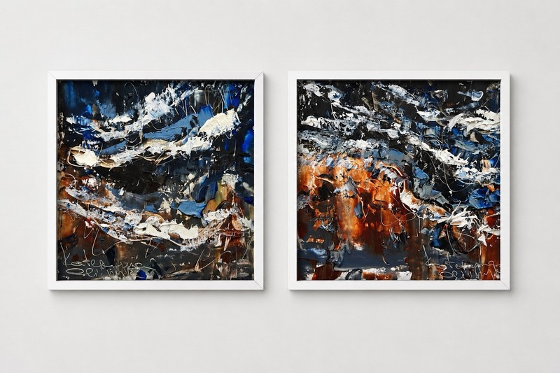 Icelandic Storm Waves – Abstract Seascape Diptych Art – Framed Oil Painting 8×8”