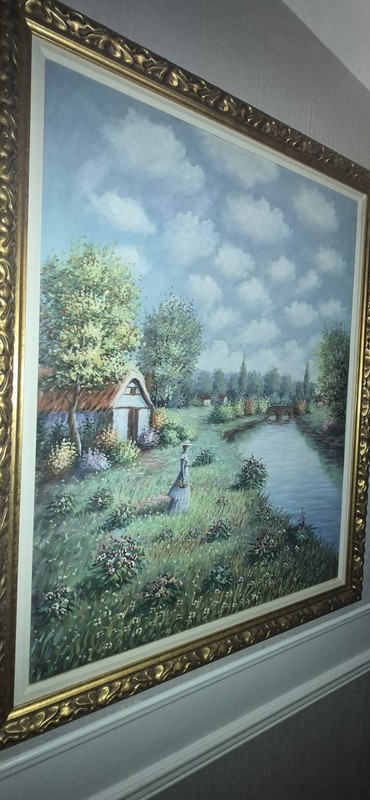 W. HODGES Woman in a Field of Flowers with Cottages & Bridge by a River oil gallery