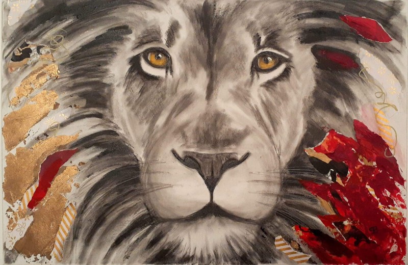 Lion Painting Mixed Media Artwork By Samantha Black Modern Contemporary Art Gold
