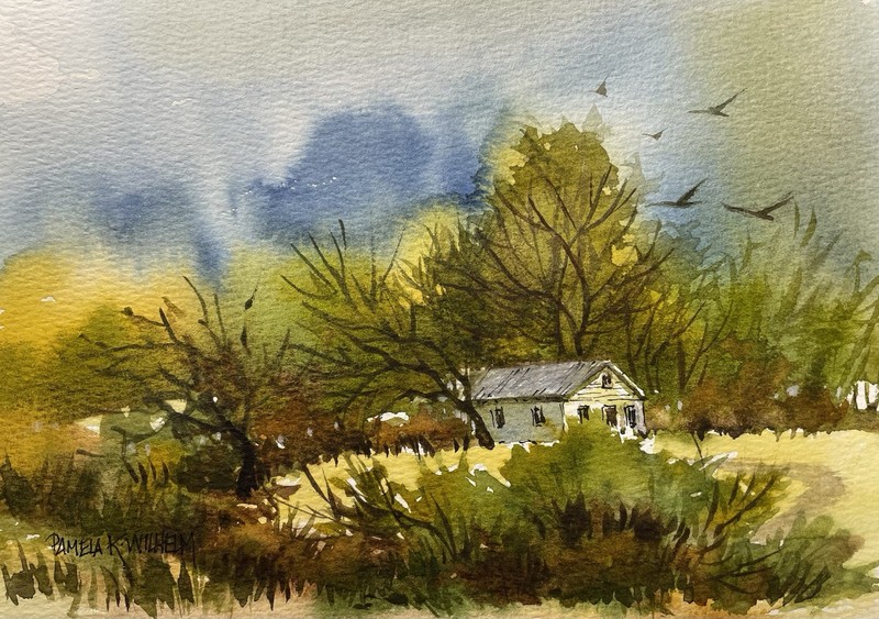 Pamela Wilhelm original 6”x8” Loose Watercolor big trees, White House landscape