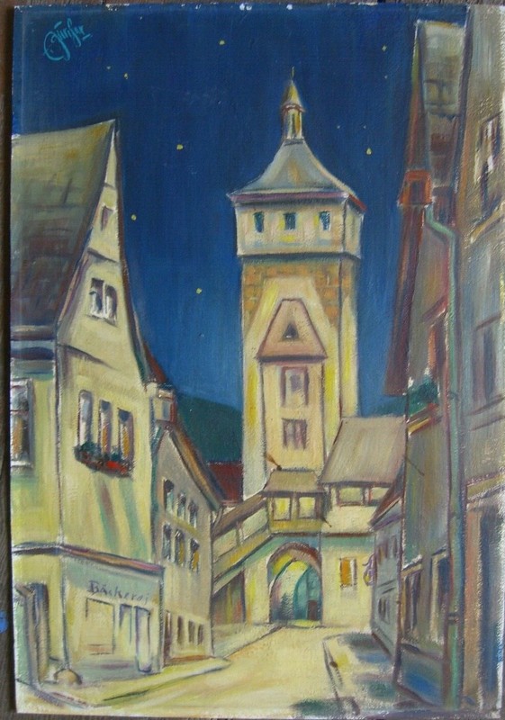 Oil painting city gate at night starry sky Bad Wimpfen Neckar antique
