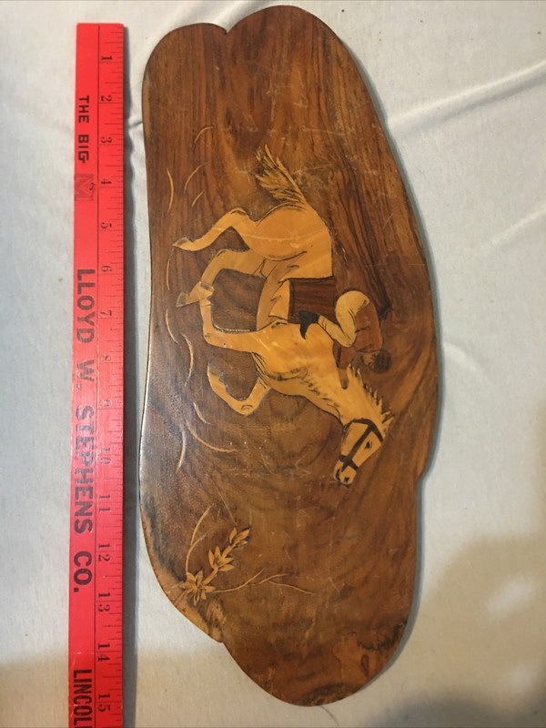 vintage toll painting on wood Horse and jockey see pics s8 gallery