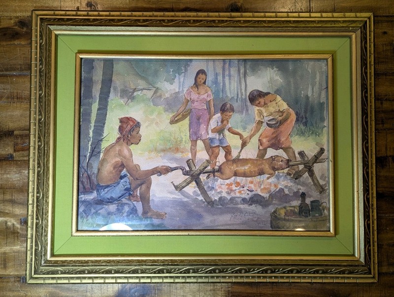 Jose B. David PIG ROAST Original 1976 Framed Painting Philippine Listed Artist