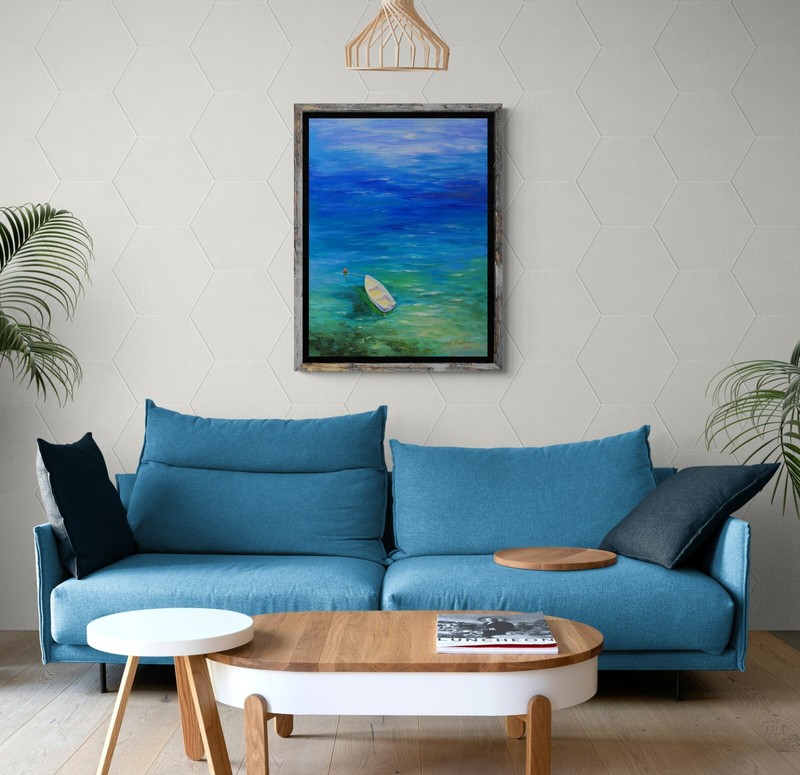 Sea boat from above Original painting OOAK artwork Oil on canvas by A Onipchenko gallery