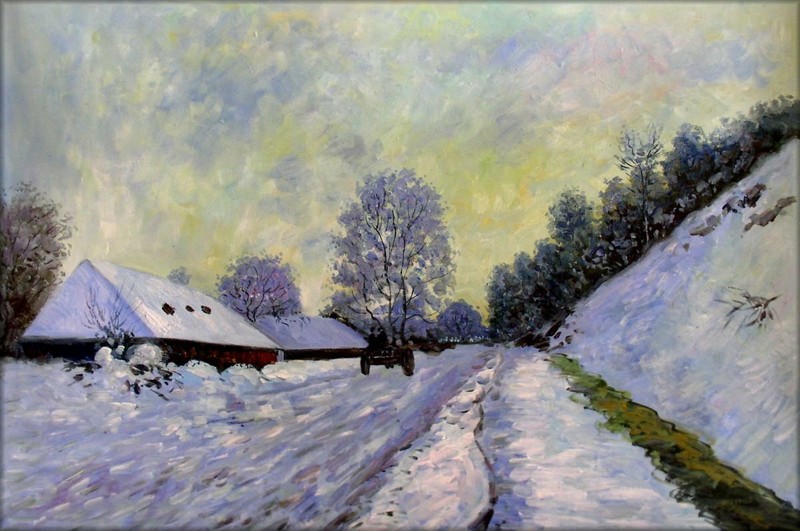Claude Monet Snow-Covered Road at Honfleur Repro, Quality Oil Painting 24x36in