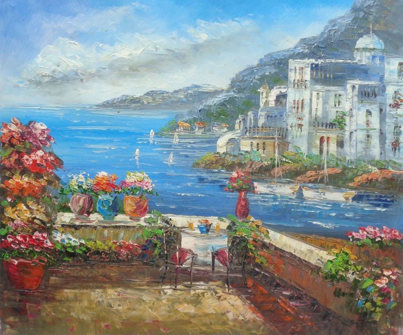 20×24 Table with Chairs on Terrace With view of Beautiful Sea, Greece Oil