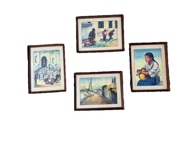 4 Framed Atitlan Guatemala watercolor paintings signed Guatemala Scenes