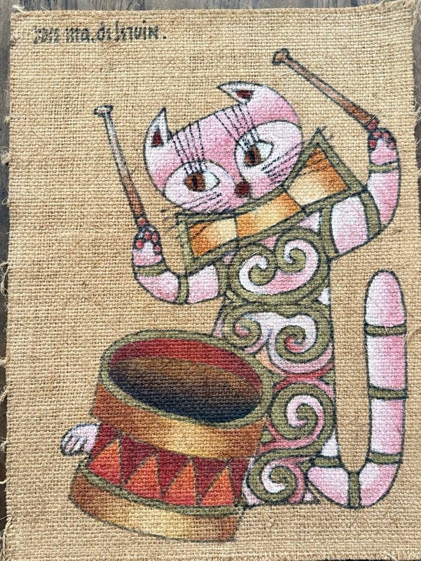 Original José María de Servín Cat Drummer Painting Signed Mexican Folk Art