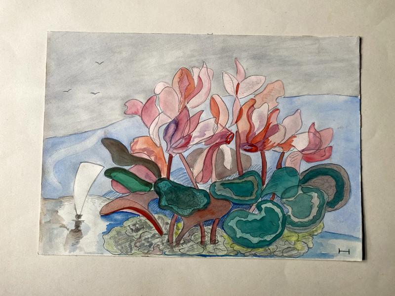 WATERCOLOR MONOGRAM ALPINE VIOLET ANTIQUE EXPRESSIONIST DRAWING LANDSCAPE STUDY