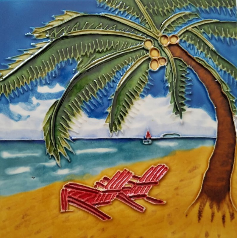 Relaxing Palm Tree W/ Two Red Chairs Decorative Ceramic Art Tiles Hand Painted.