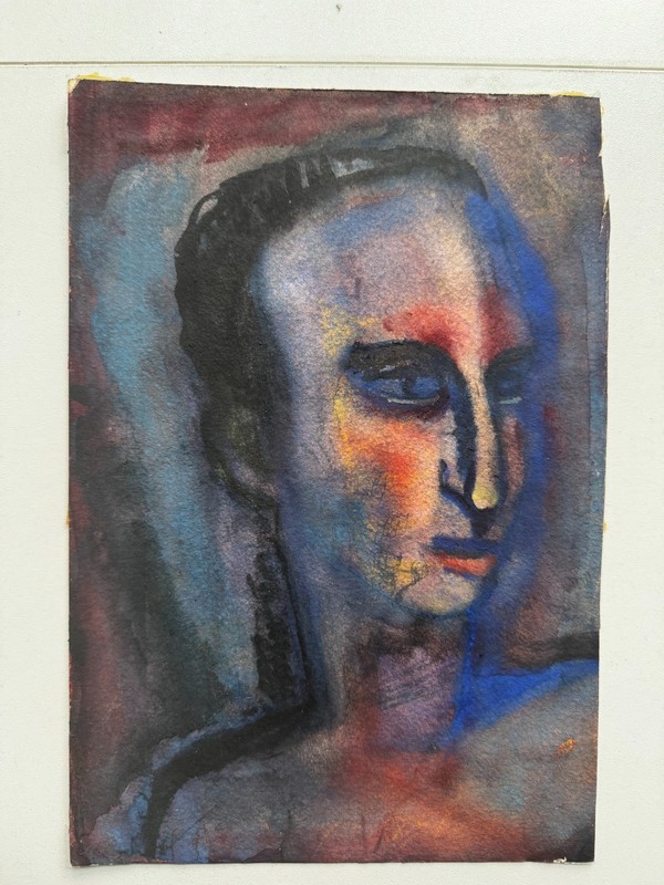 Pair (2) Vintage 1920s German Expressionist Watercolor Portraits Man Woman 7x10 gallery