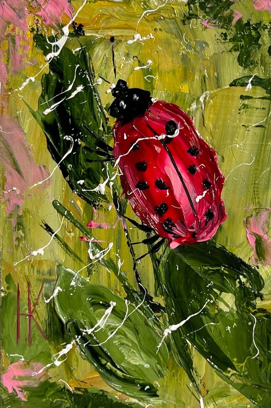 Ladybug Painting Insect Original Art Grass Oil Impasto Small Artwork 4 x 6 in