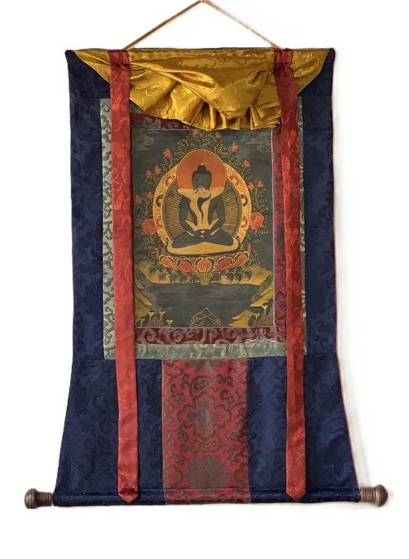 SAMANTABHADRA OIL VARNISHED TIBETAN THANGKA HAND-PAINTED WITH SILK BROCADE