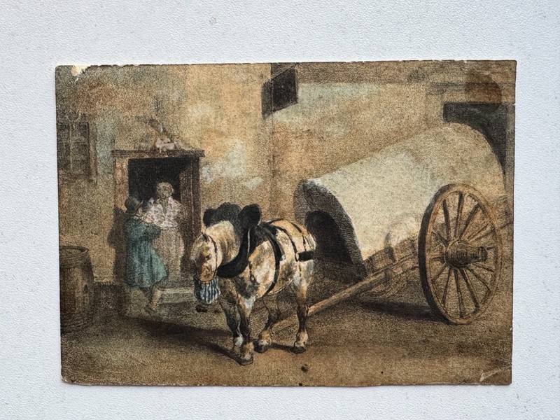 Small Antique 19th Century Watercolor Painting Horse Cart Wagon Scene 3 x 5