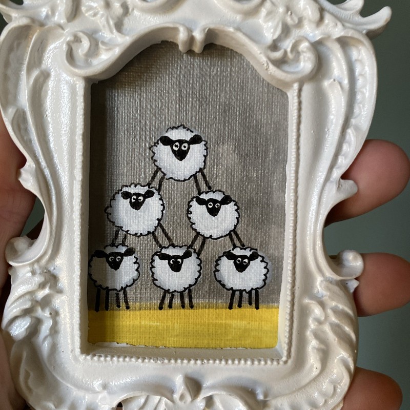 Funny Sheep Original Painting On Paper,4/5,framed,gold,miniature,small,mini,cute