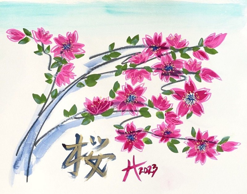 Sakura Original Wall Art Handmade Watercolor Mixed Media Painting 16x20in