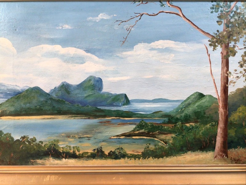 A Nestor Circa 1940s Island Chains Framed Oul Painting gallery