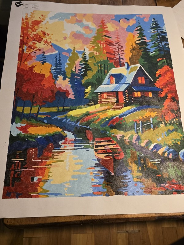 Completed Oil On Canvas » Cabin By The Stream At Sunset» Paint By Numbers