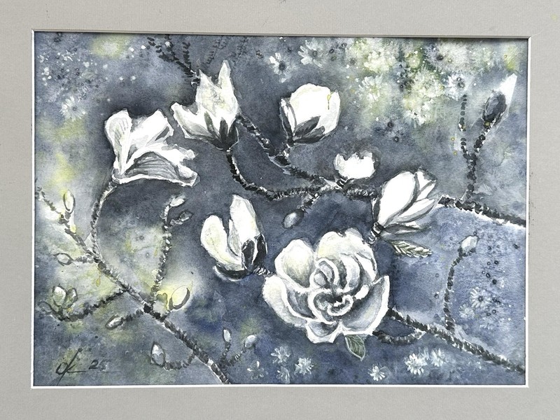 Magnolia in spring, white flowers Original Watercolour Wall Design Black WhiteA4 gallery