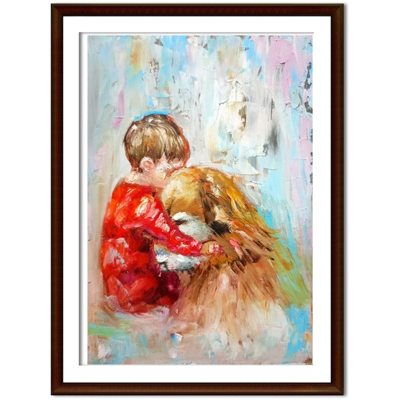 Original Oil Painting Kid with Dog 5x7" Small Pet Art Child & Dog Unframed gallery