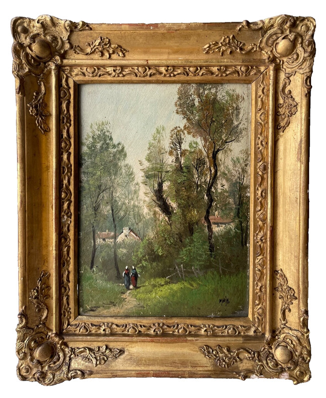 ANTIQUE OIL BARBIZON 1850’s SIGNED – CIRCLE COROT – WOMEN ON THE VILLAGE PATH