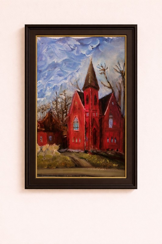 Red Church Oil Painting Linen Unique Abstract Expressionism Wall Art