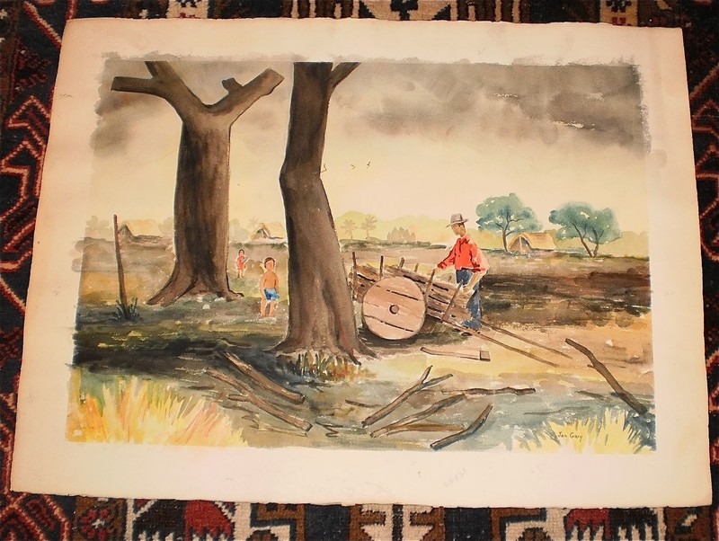 Woodcutter with Children In Mississippi Landscape W/C-1955-Jan Gary-Listed