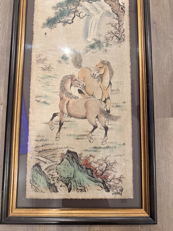 Chinese Style Framed Paper Painting, Two Horses in Landscape, Vertical Wall Art gallery