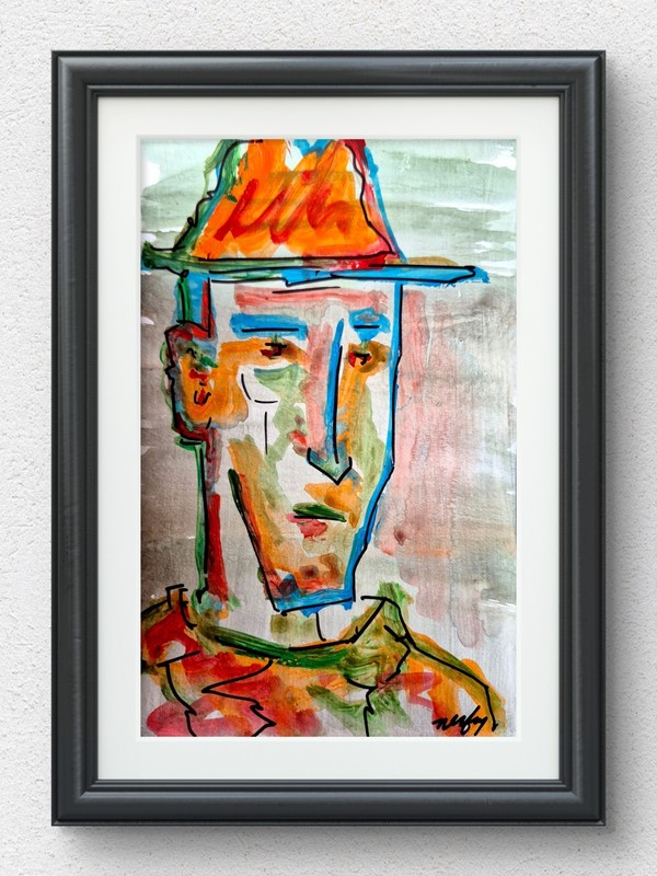 Abstract Expressionist Original Cowboy Wall Art Decor 8×5 Acrylic on Paper P057