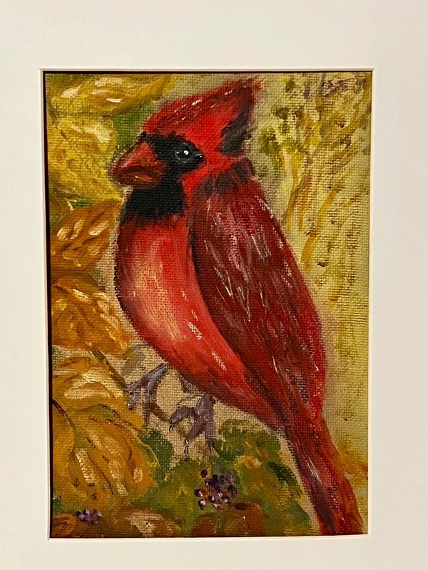 Framed Cardinal Bird Oil Painting 5x7" in 12x14" frame gallery