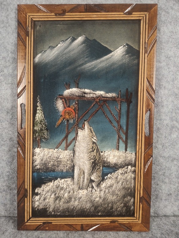 VTG 1970’s Mexican Black Velvet Painting Howling Wolf Snowy Mountains 23″ 14″