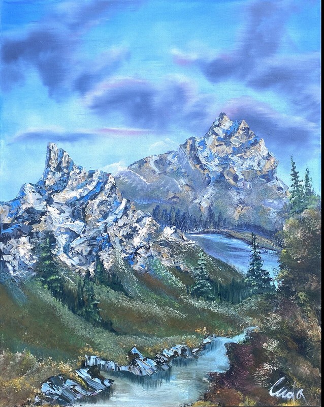 Handmade Mountain Landscape with River Nature Oil Painting on Canvas 30×24 inch