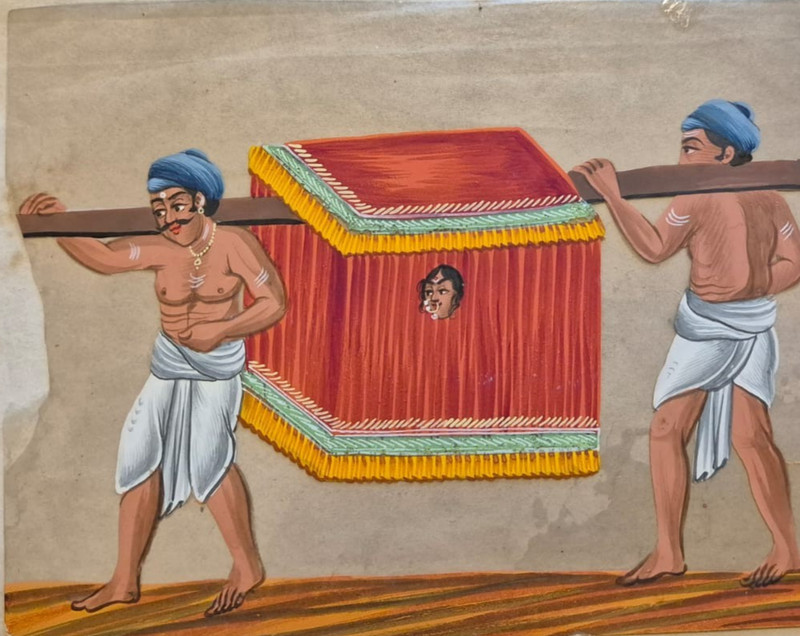 RARE ORIGINAL GOUACHE MICA PAINTING 1820S,PALANQUIN TRAVEL SERIES, INDIA