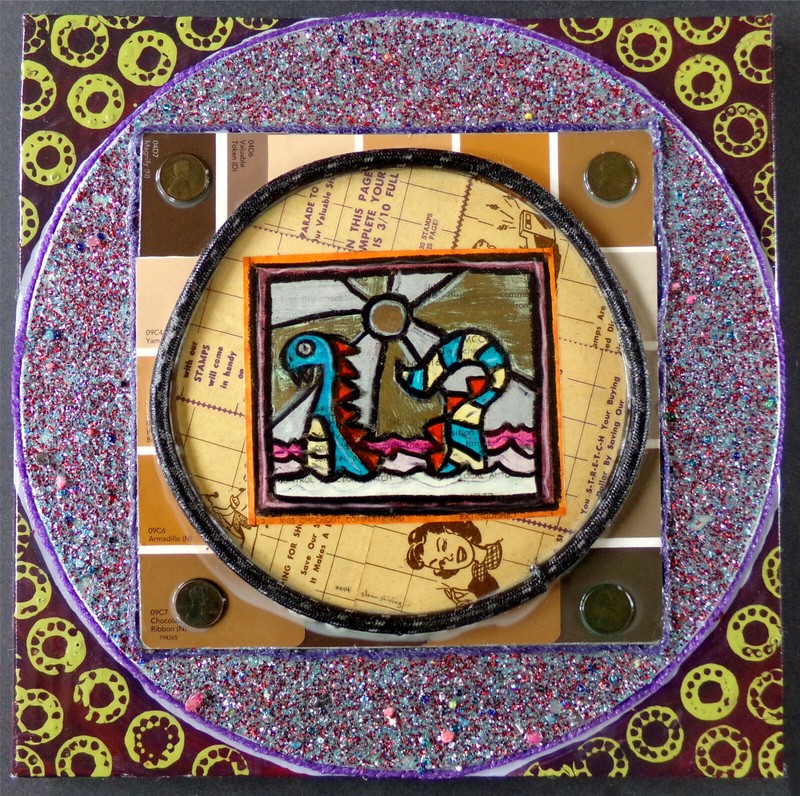 Sea Dragon Collage/Painting: Sad Monster Sun Sail, Vinyl Record Coins Acrylic 3D