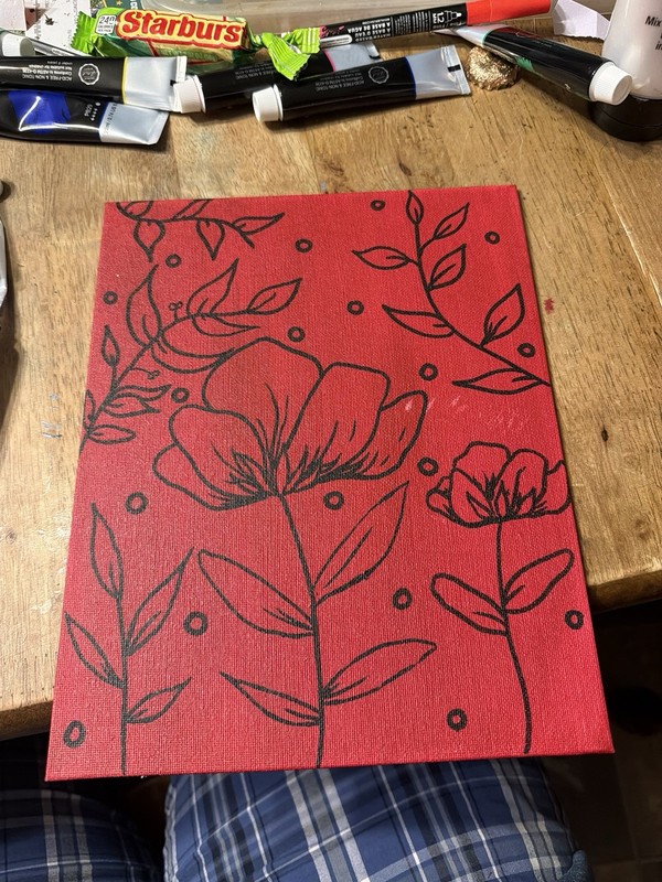 Red Floral Line Art Acrylic Painting