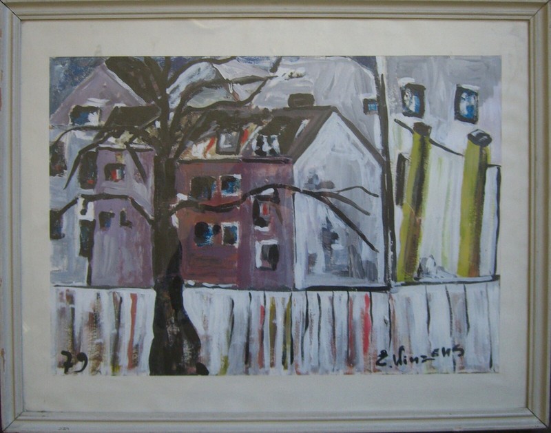 Erna Winzens Gouache 1979 City Houses Architecture Winter Tree Modern Art