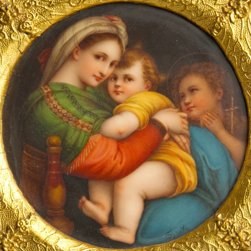 Antique KPM-Style Porcelain Plaque Madonna Della Sedia Signed Spitz Gilt Frame