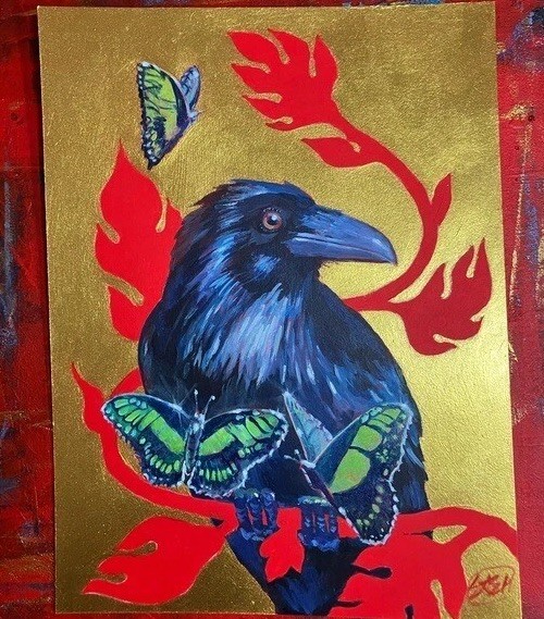 Raven Original Painting Butterfly Bird Art Gold artwork Red home Artettina USA