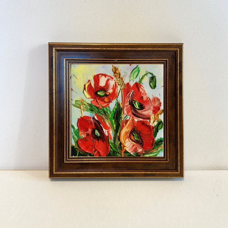 Original Poppy Painting Small Canvas Wall Art 6×6 Framed 3D Textured Flover