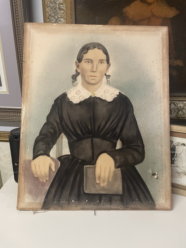 Antique Gay Interest Fem Blue Eye Man Wearing Dress Portrait Oil On Canvas