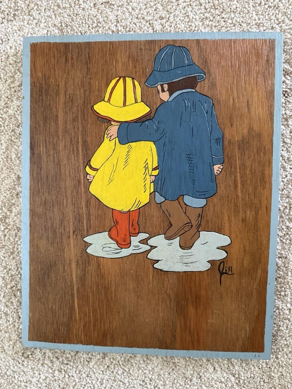 Vintage American Folkart Painting Boy And Girl Hand Painted Board 10.5” X 13”