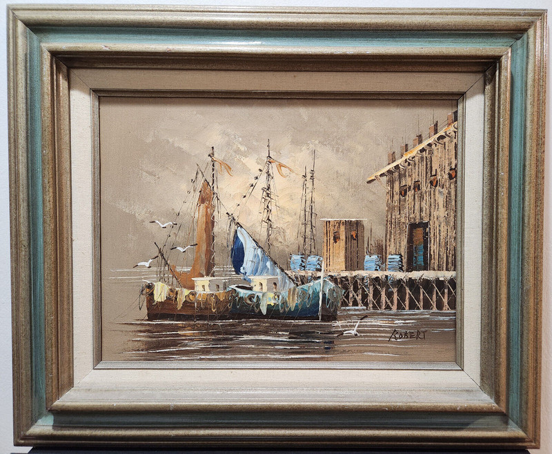 Untitled Framed Oil Painting by «Robert» – Nautical Harbor Docks Boats Seagulls