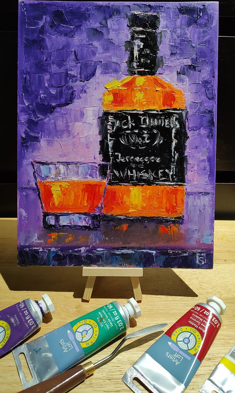 Serge M The Bottle of Wiskey original signed oil painting on canvas panel 12×9