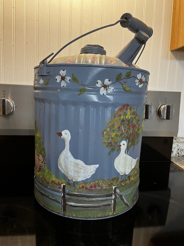 Vintage Metal Gas Can Had Painted Goose With Farm Animals With Barn Unique