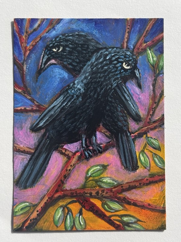 ACEO Original Painting Black Birds Sitting on the Edge of Night Art Card ATC
