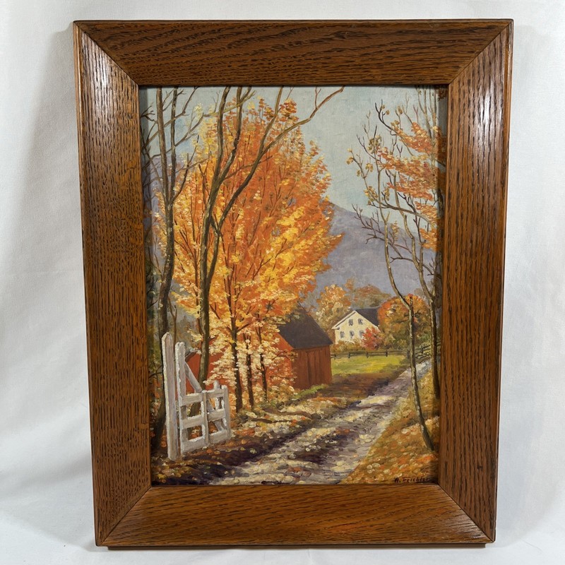 Vintage Painting Fall Autumn Red Barn Farm Country Trees Mountain Wood Frame